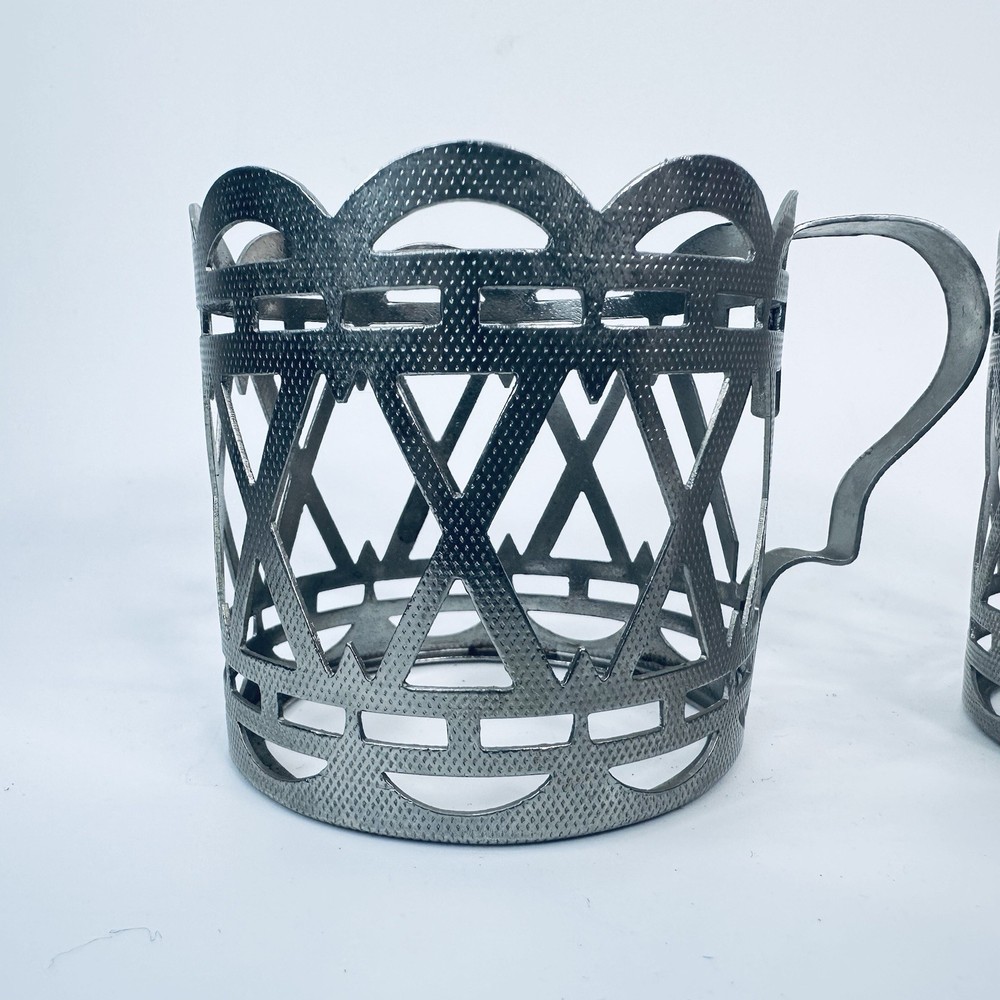 Vintage Pair Podstakannik Tea Glass Holders — Silver-Plated Openwork Cup Holders