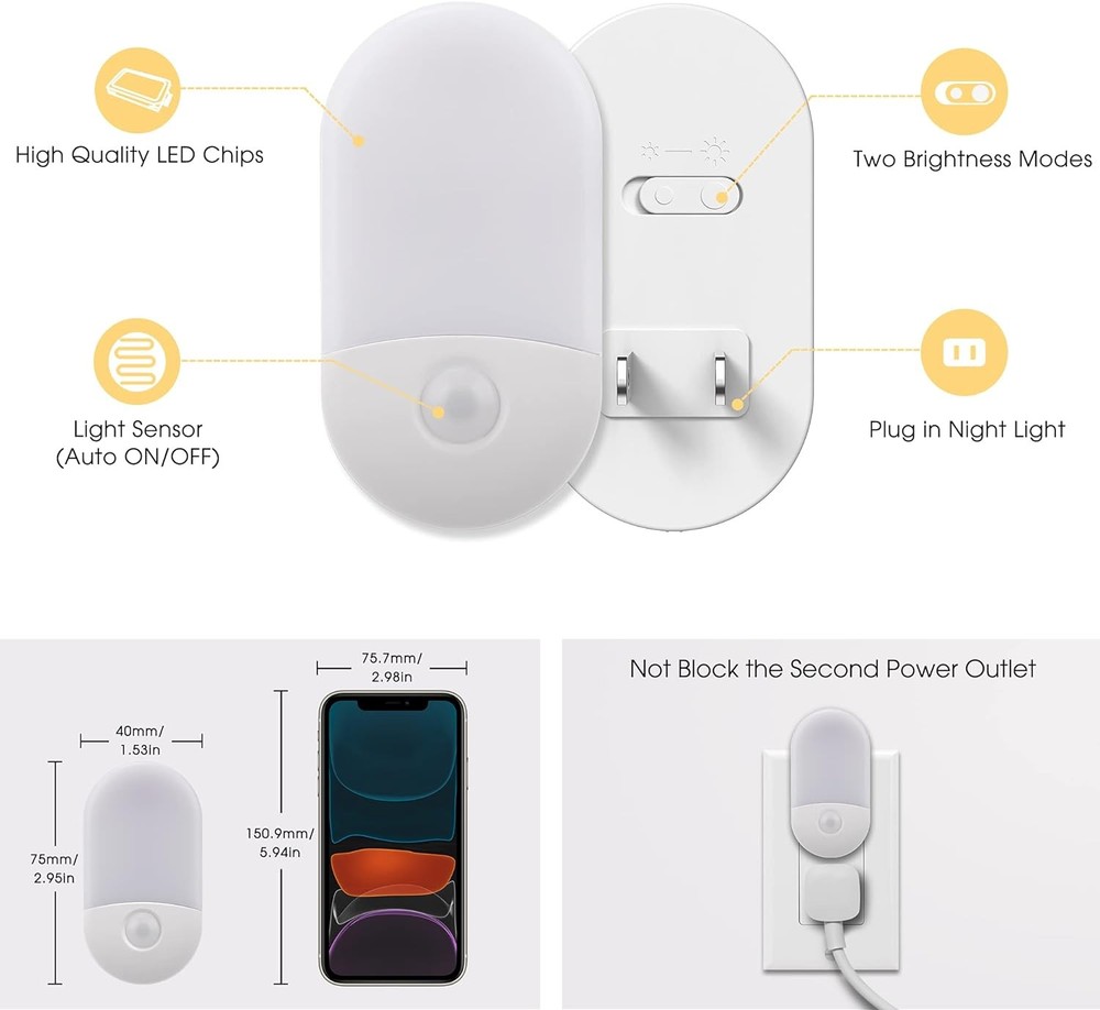 Night Lights Plug into Wall, [2 Pack] LED Dimmable Night Light with Light Sen...