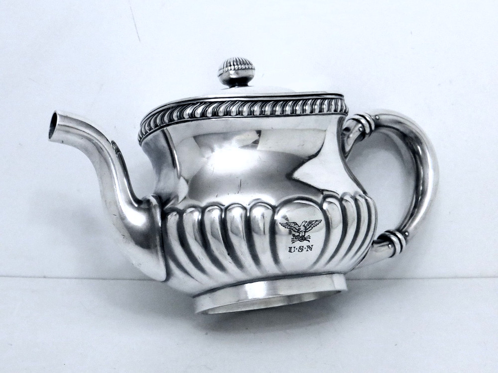 GORHAM SILVER SOLDERED WWI–INTERWAR USN OFFICERS’ TEAPOT HORIZONTAL EAGLE CREST
