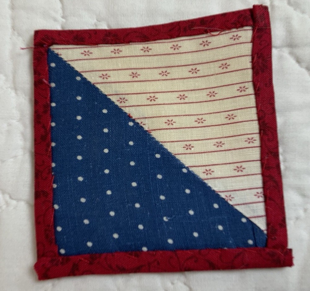 Vintage Antique Patchwork Quilt Table Topper, Mini, Triangles, Blue, Red