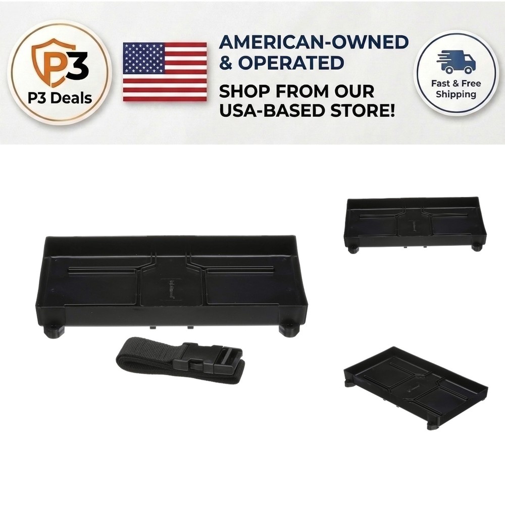 Reliable Black Battery Tray with Quick-Disconnect Strap - Space-Efficient Design