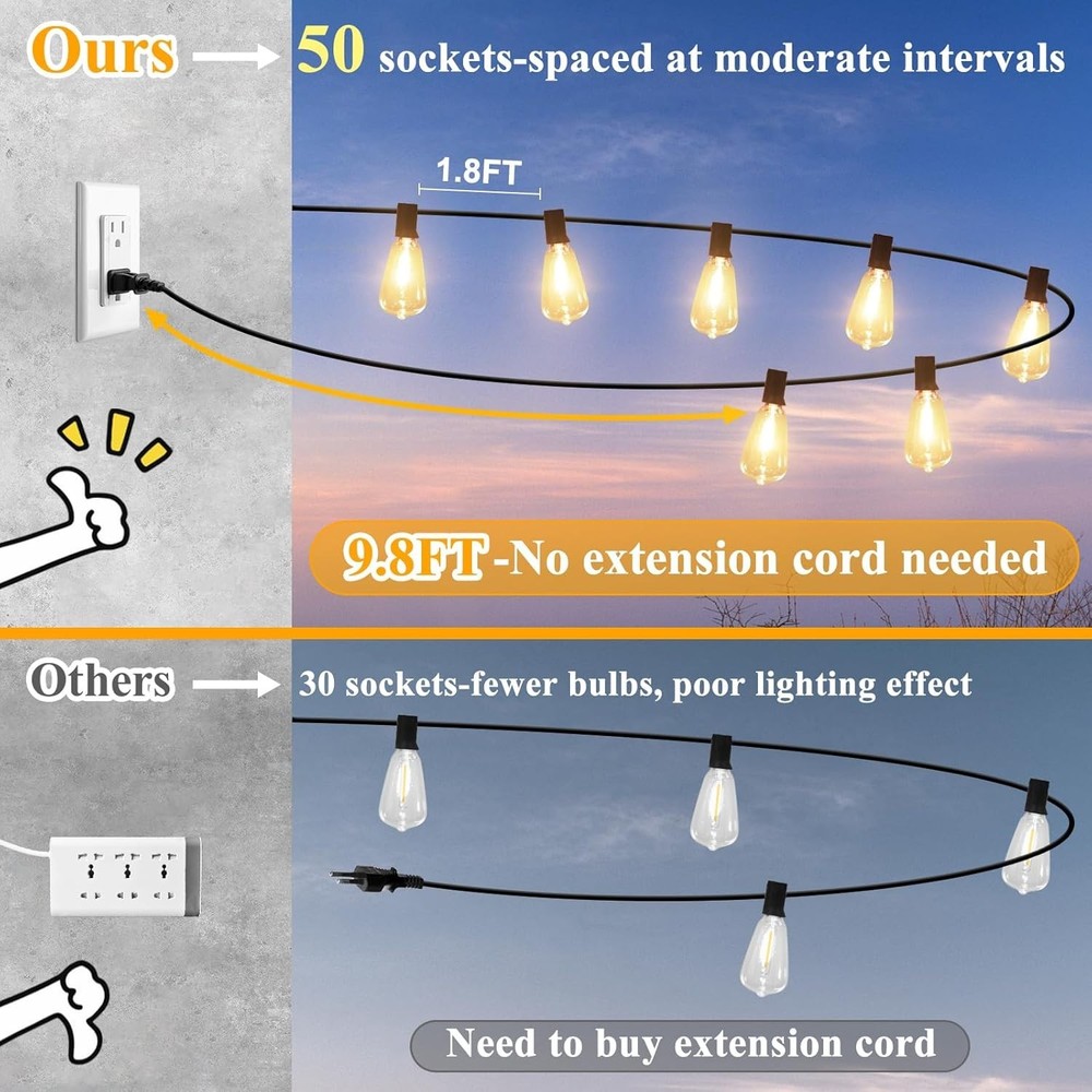 100FT LED String Lights 52 ST38 Edison Bulbs Waterproof Dimmable