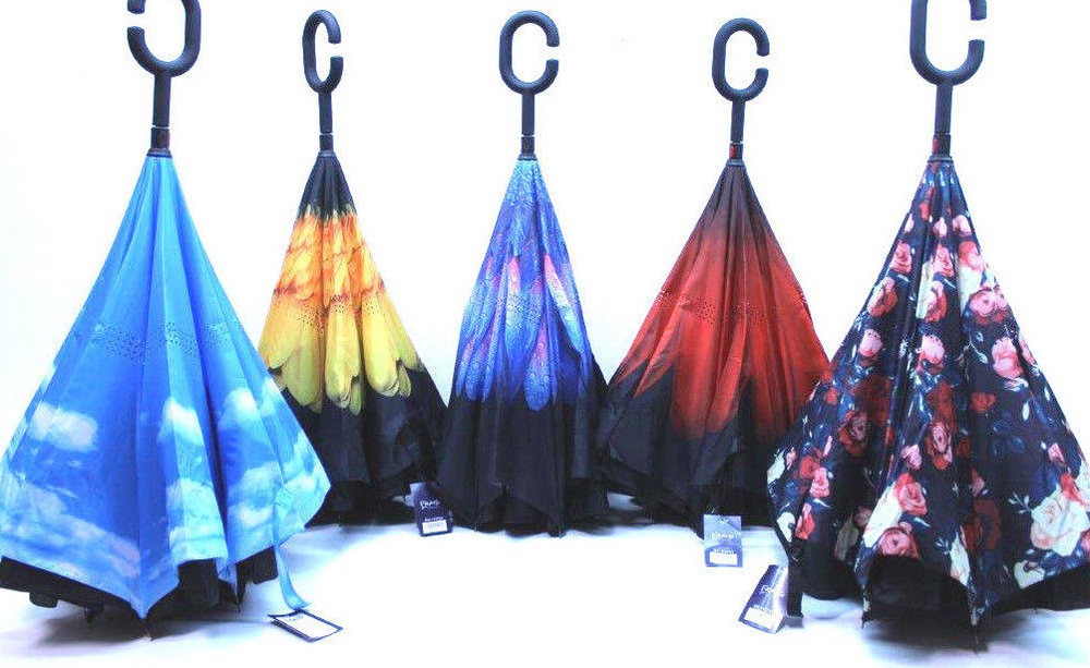 Inverted Upside Down Umbrella Rain C Handle Reverse Opening 2 Layer Inside Out