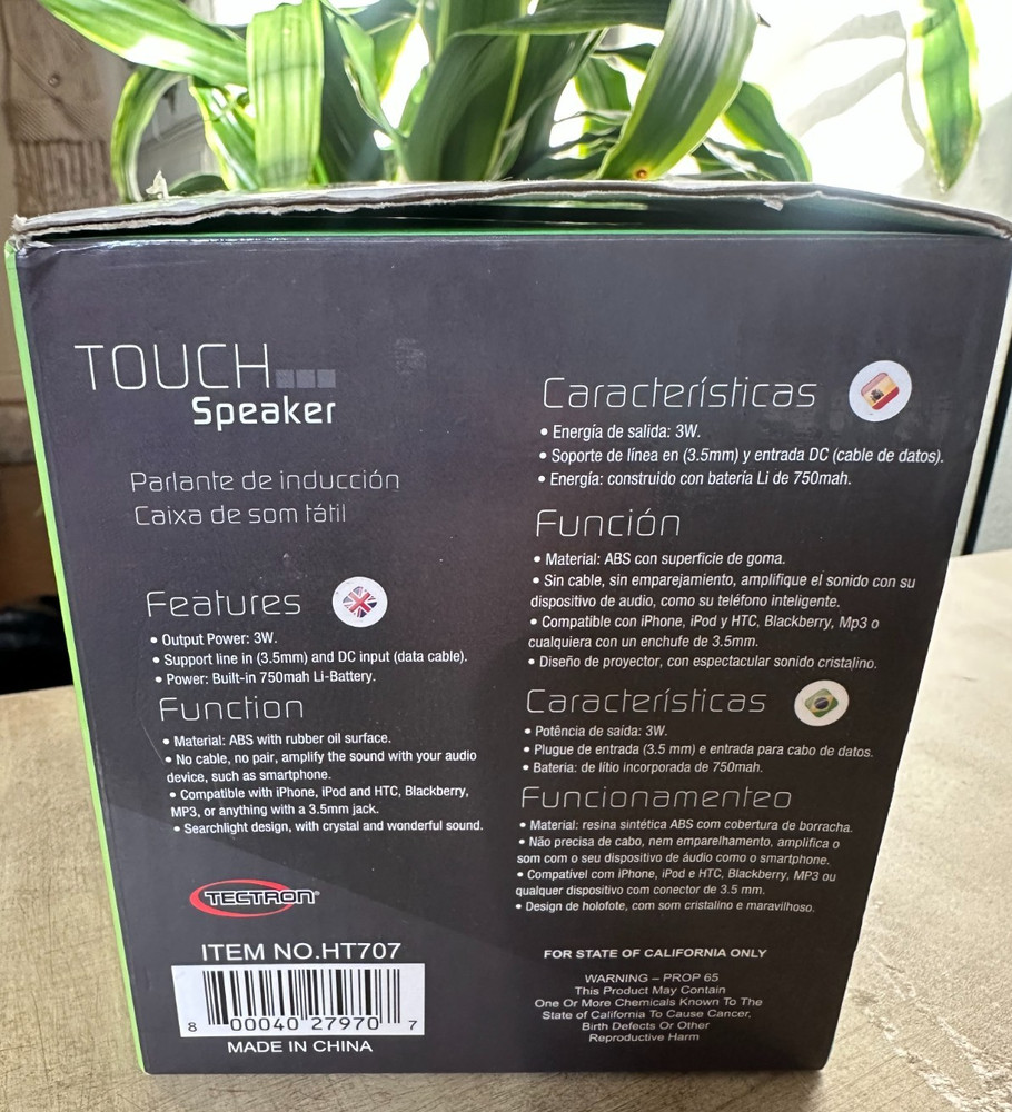 Tectron #HT707 Black Touch Speaker Rechargeable No Cables No Pairing EUC