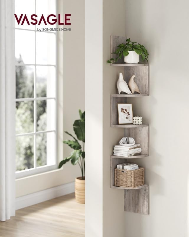 Wall-Mounted 5-Tier Corner Bookshelf – Chic Storage Solution in Heather Greige