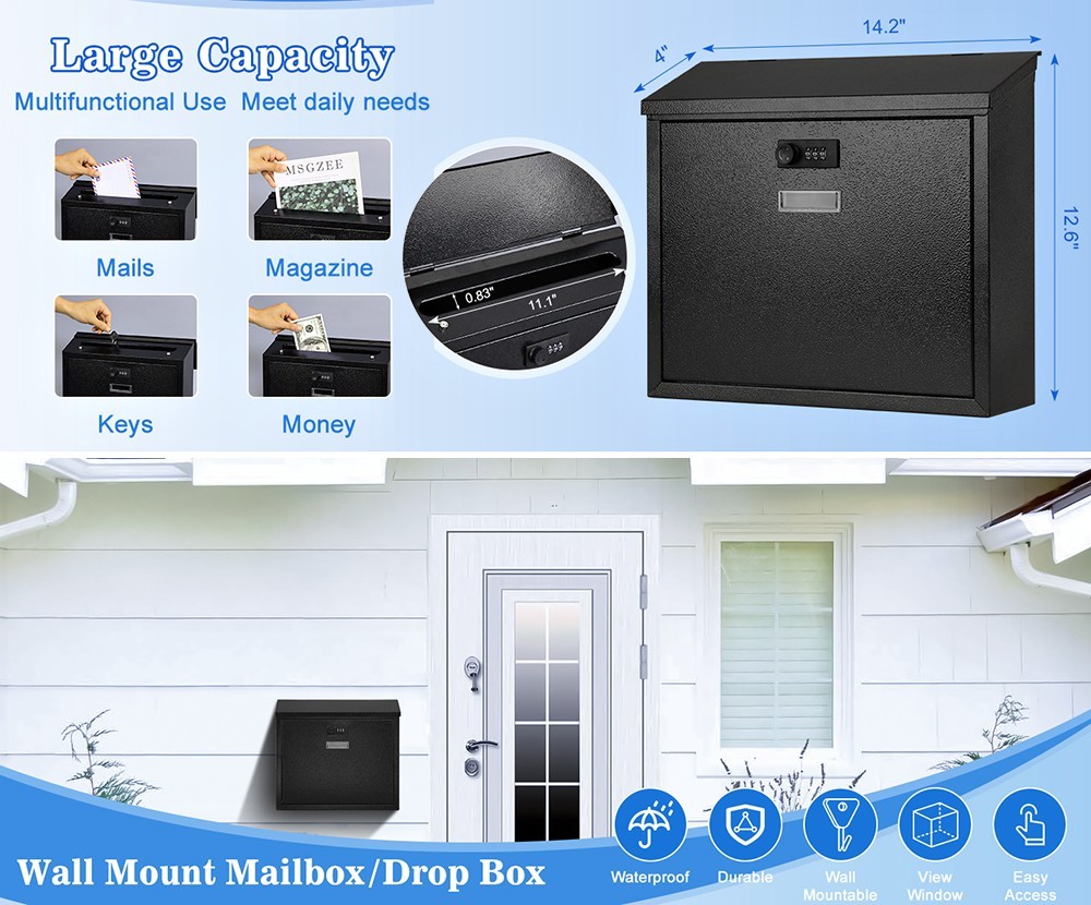 MAIL DELIVERY BOX WITH CODED LOCK WALL MOUNTED SECURITY METAL MAILBOX WITH LID