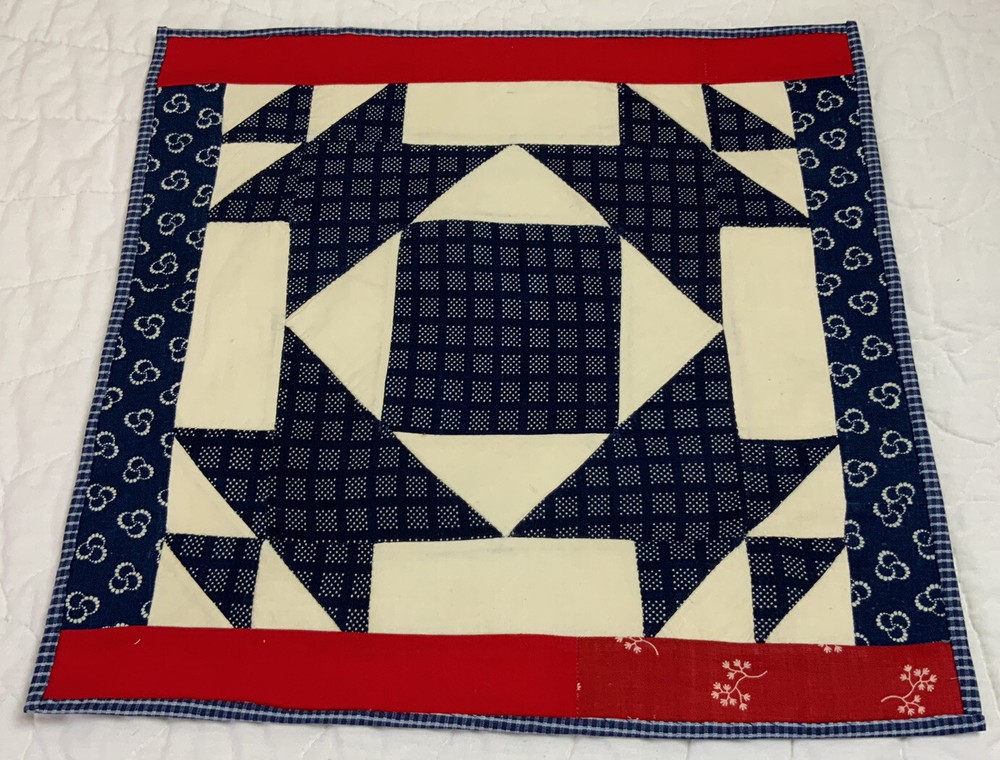 Vintage Antique Patchwork Quilt Table Topper, Triangles, Early Calicos, Navy