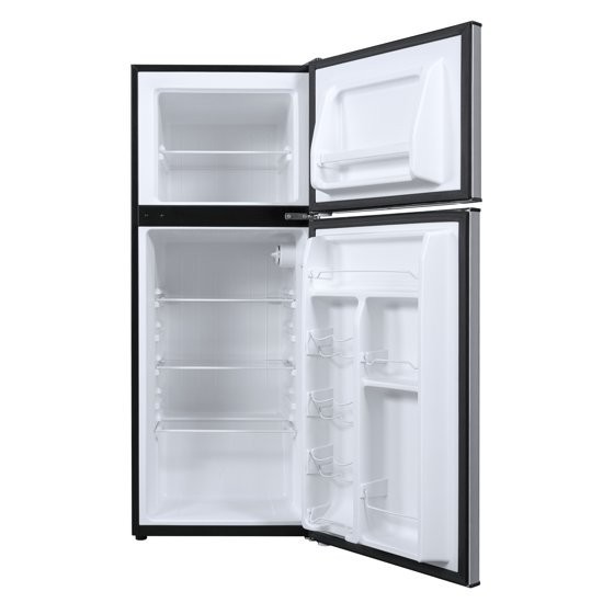 Galanz 4.6. Cu ft Two Door Mini Refrigerator with Freezer, Stainless Steel, New