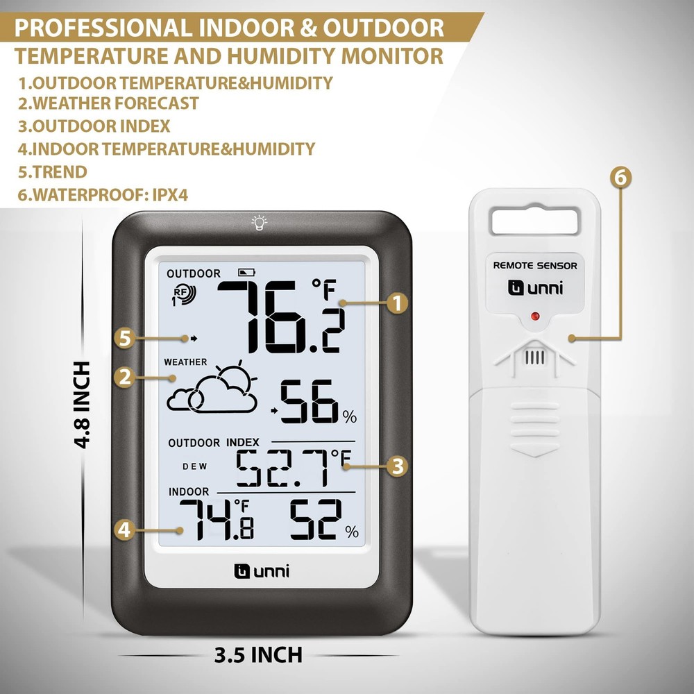 Wireless Indoor Outdoor Thermometer with Remote Sensor and Backlight Display