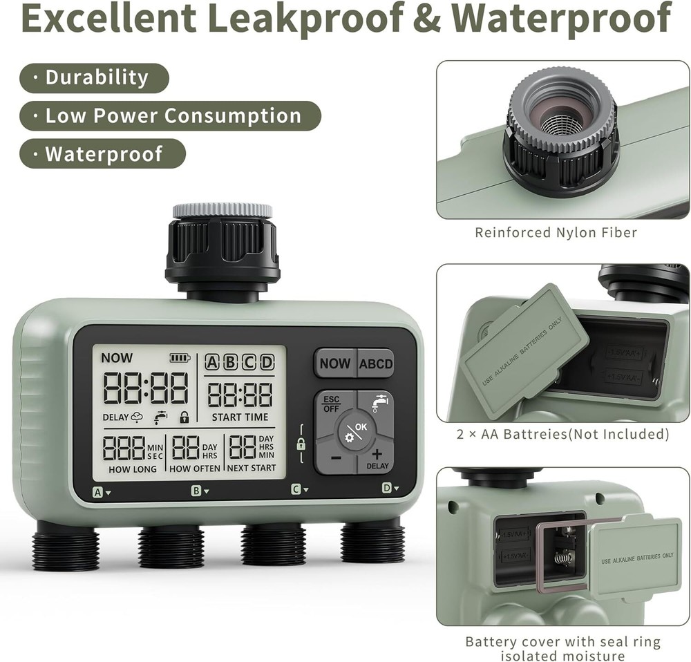 Sprinkler Timer Outdoor Programmable 4 Zone Water Timer with Rain Delay LCD IP54