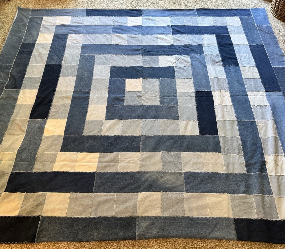 Vintage Patchwork Squares Denim Quilt Heavy Unique Mod Geometric