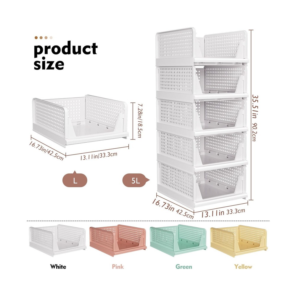 SNSLXH 5 Pack Stackable Closet Storage Basket, Multifunctional & Foldable Clo...