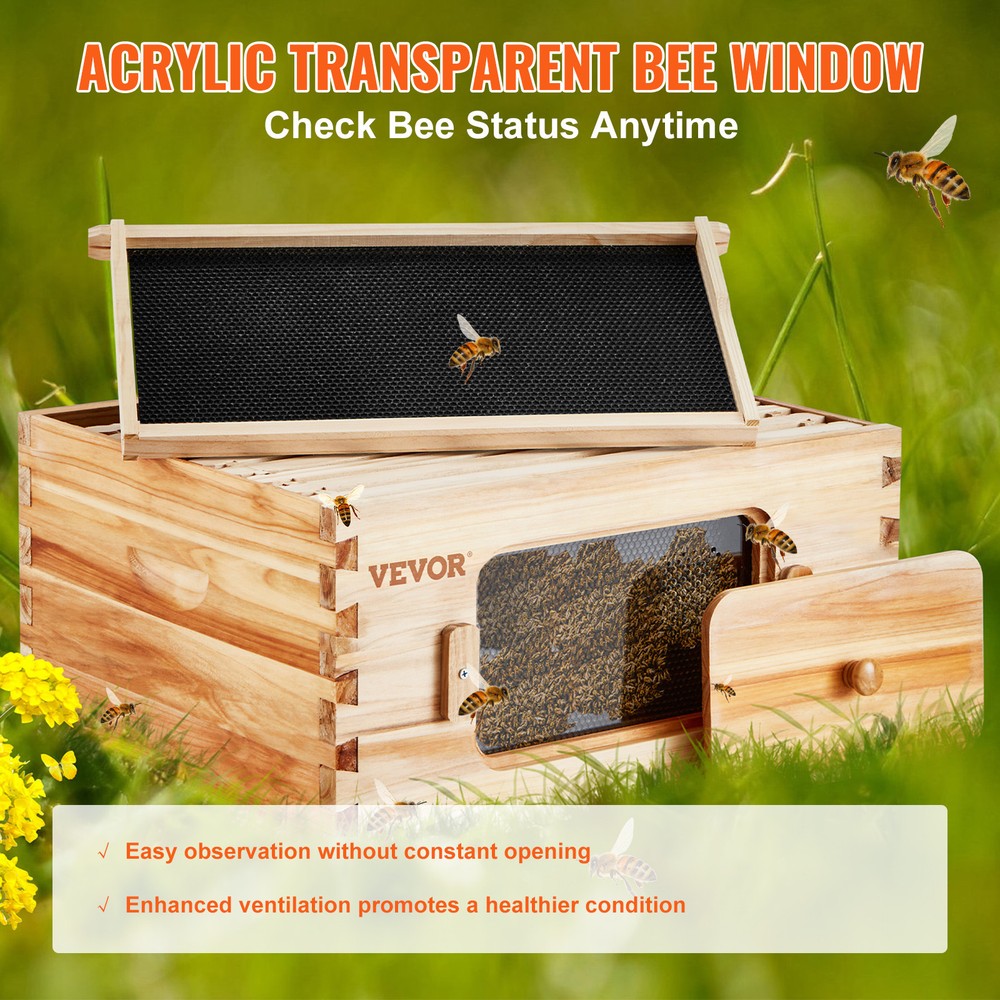 VEVOR Bee Hive Langstroth Deep Beehive Kit 10 Frames Acrylic Bee Windows