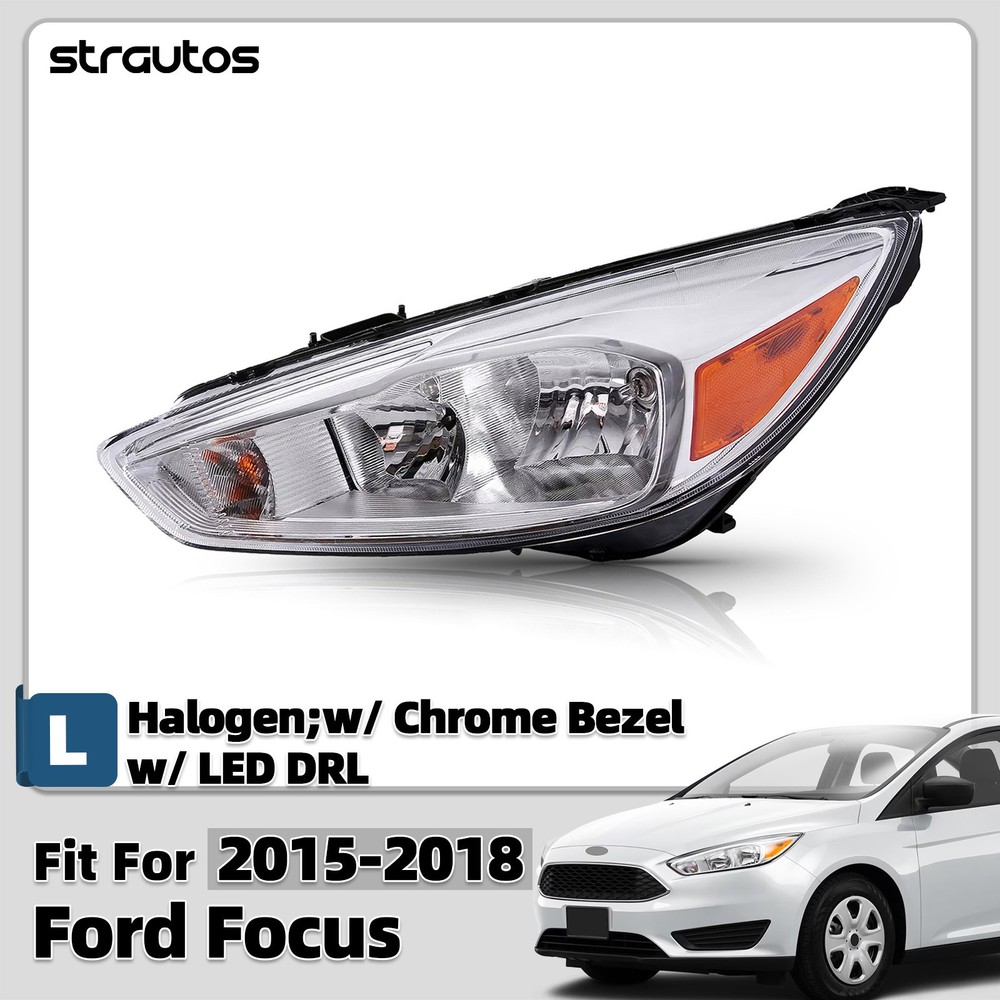 Halogen Headlight For 2015-2018 Ford Focus Chrome with LED DRL Left Driver Side