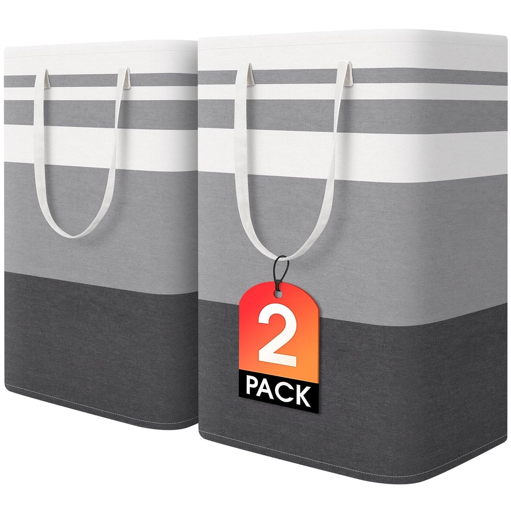 HomeHacks 2 Pack Large Laundry Baskets, Waterproof, Freestanding 75L, Grey