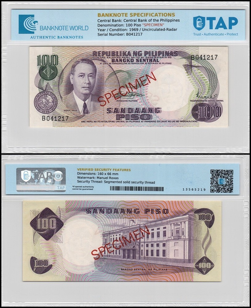 Philippines 100 Piso, 1969 ND, P-147bs, UNC, Specimen, TAP Authenticated