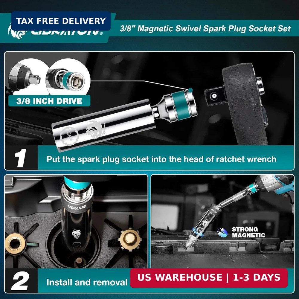 LIBRATON 8PCS 3/8"Dr. Magnetic Spark Plug Socket Set, Include Gapper & Extension