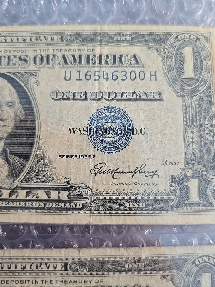 Three-$1 1935E "NO MOTTO" SILVER CERTIFICATE NOTES