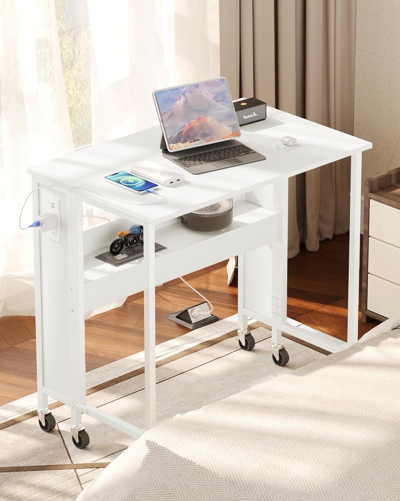 31.5" Modern White Folding Computer Desk W/ Power Outlets, Wheels, Storage