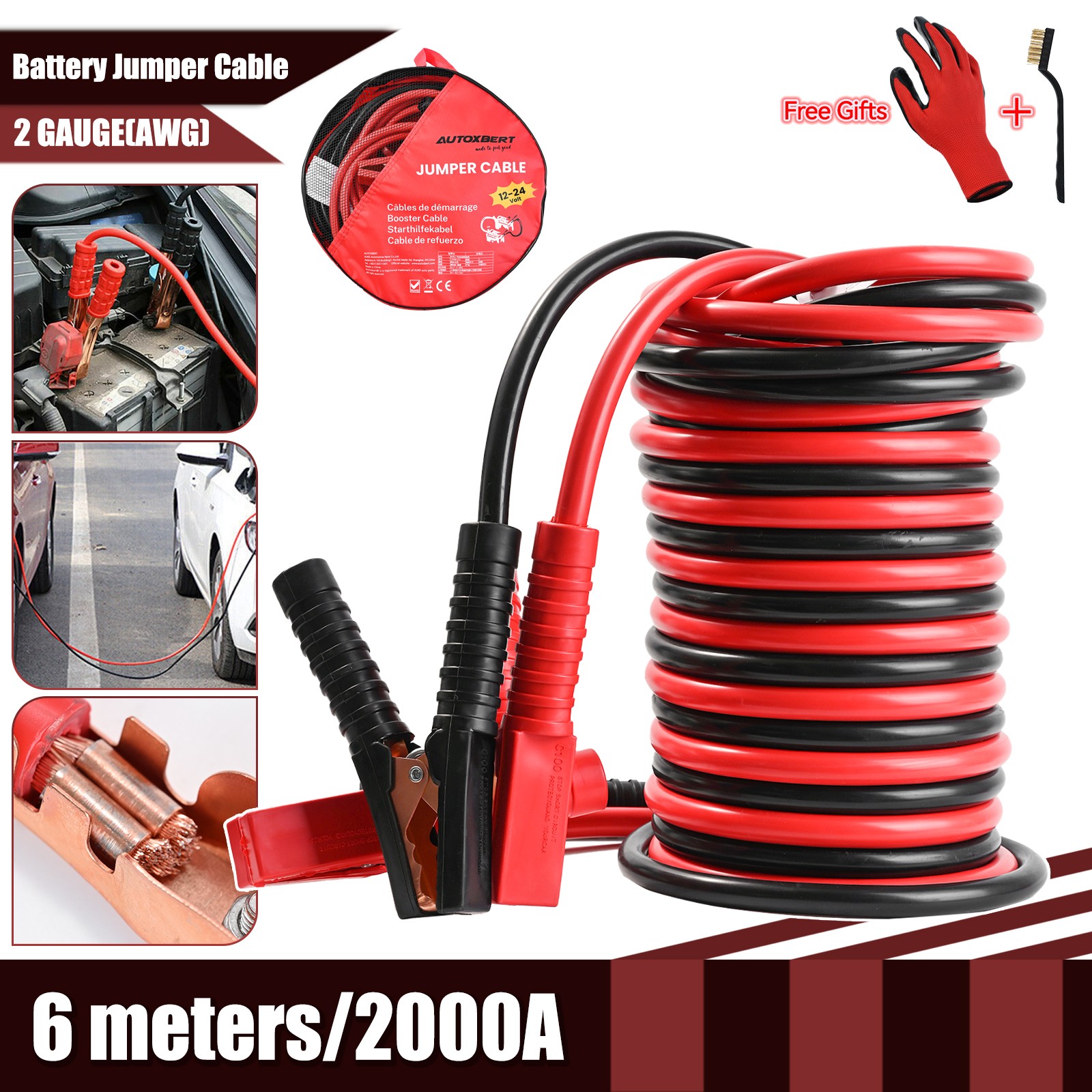 HEAVY DUTY 2 GAUGE 20FT BATTERY BOOSTER CABLE EMERGENCY POWER JUMPER 2000 AMP