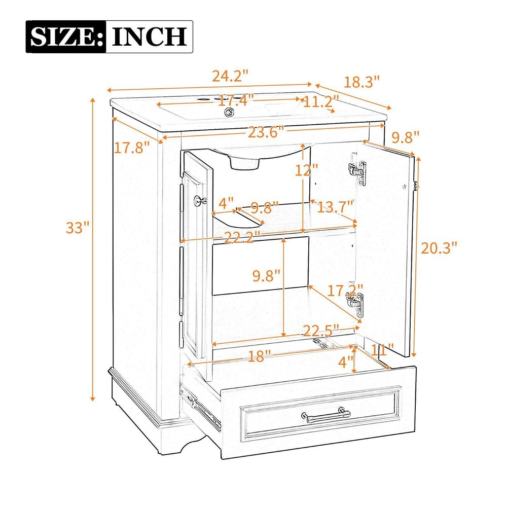 24'' Bathroom Vanity with Ceramic Sink Combo, Solid Wood Frame, Adjustable