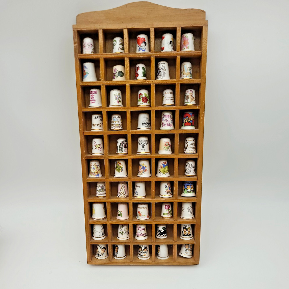 Vintage Thimble Display Case with 50 Mixed Various Thimbles Good Condition