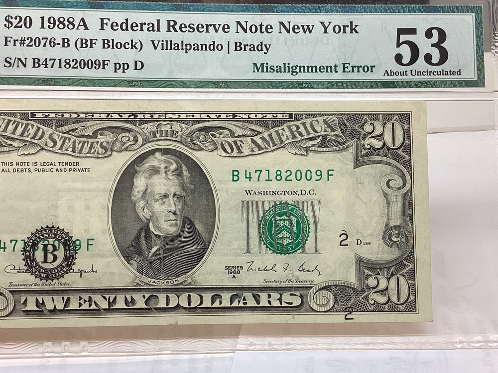 $20 1988A PMG 53 Misalignment Error District Overprint Fr#2076-B