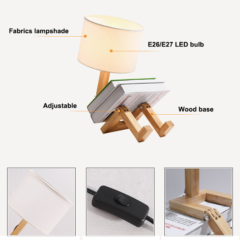 7W LED Adjustable Table Light Wooden Bedside Night Lamp E27/E26 Bulb Switch Plug
