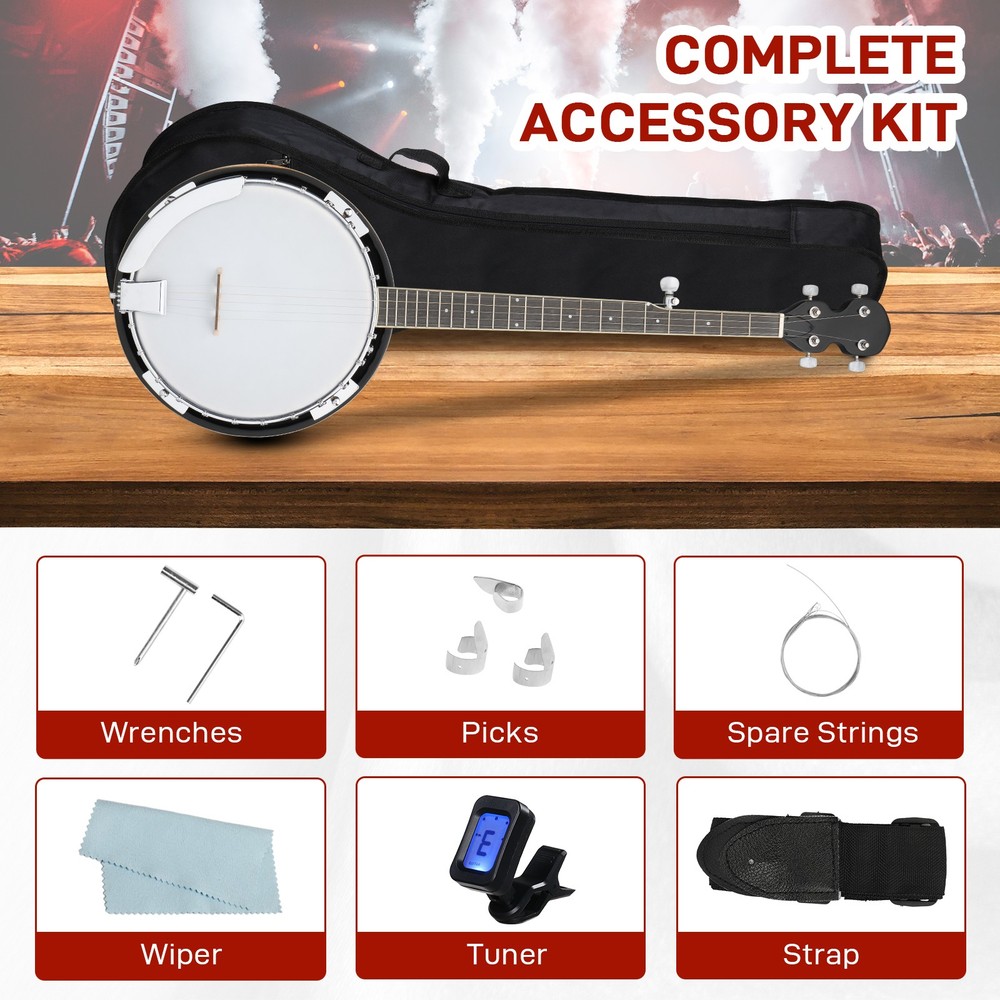 Full Size 5 String Banjos Set with Closed Solid Sapele Back Premium Neck