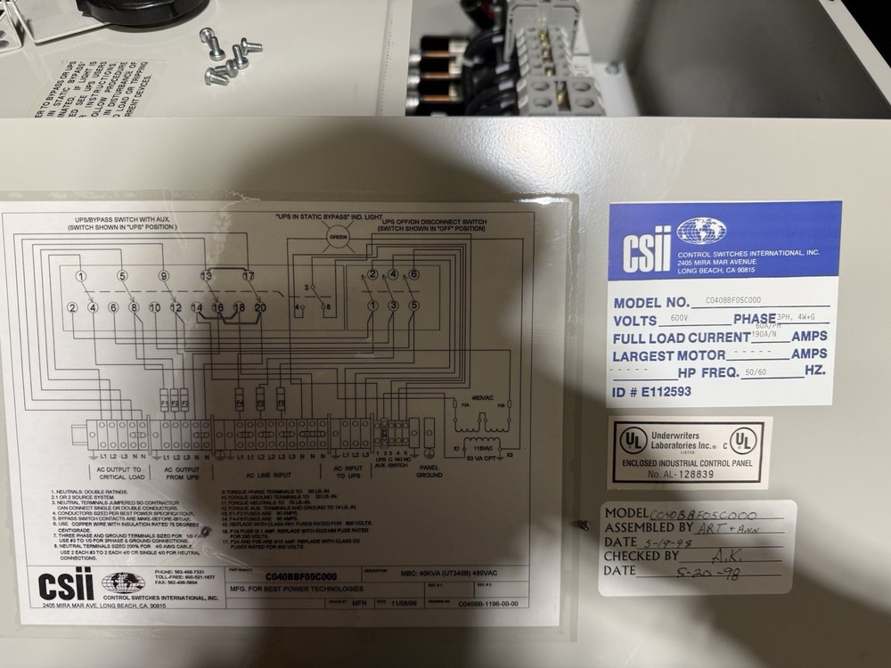 CSII Maintenance Bypass Cabinet 600V 3PH