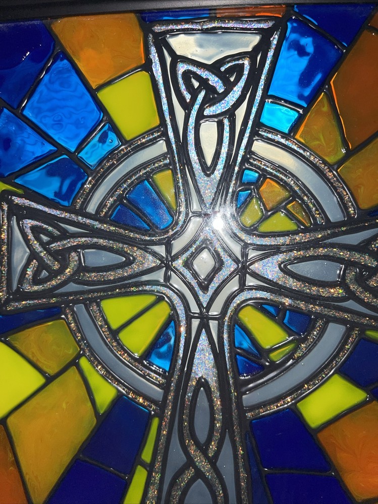 Celtic Cross Stained Glass Window Panel Rectangular Mid-Century Framed 10x12”