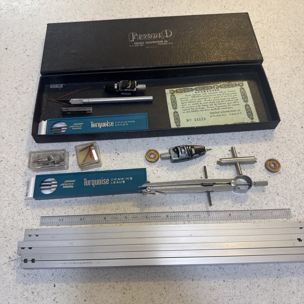 1950's Ferance Construction Co Penfield NY Drafting Tool Instruments Box Extras