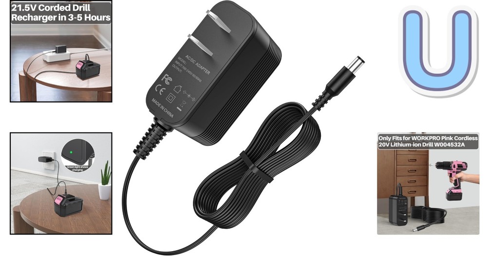AC Adapter for Workpro Pink Cordless 20V Drill - 4.9FT Long Charging Cable