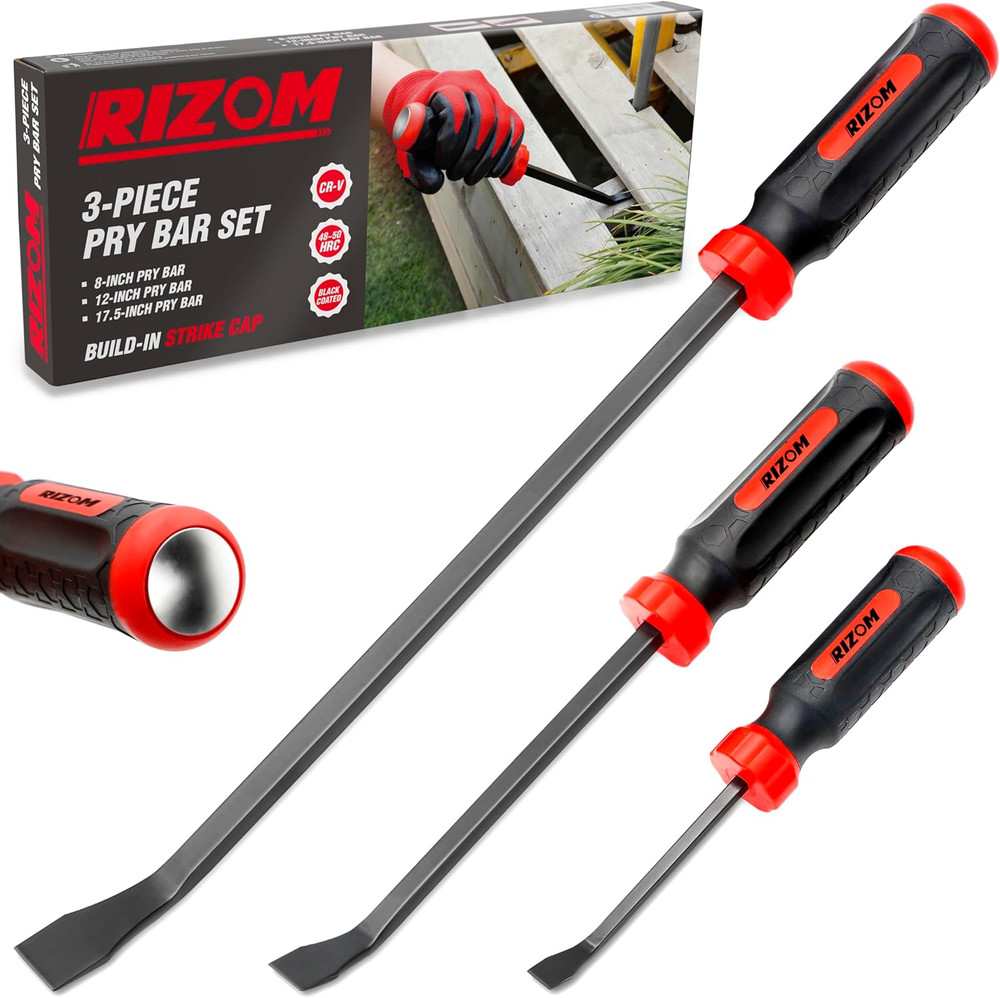 Pry Bar Set 3-PC Strike Cap Handle Angled Tip Prying Lifting Pulling Objects