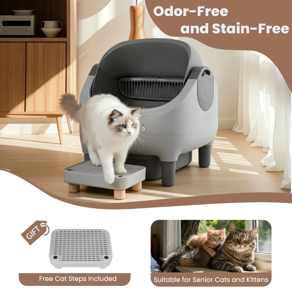 Self Cleaning Cat Litter Box Smart App Control Automatic Large Multi-Cat Gray