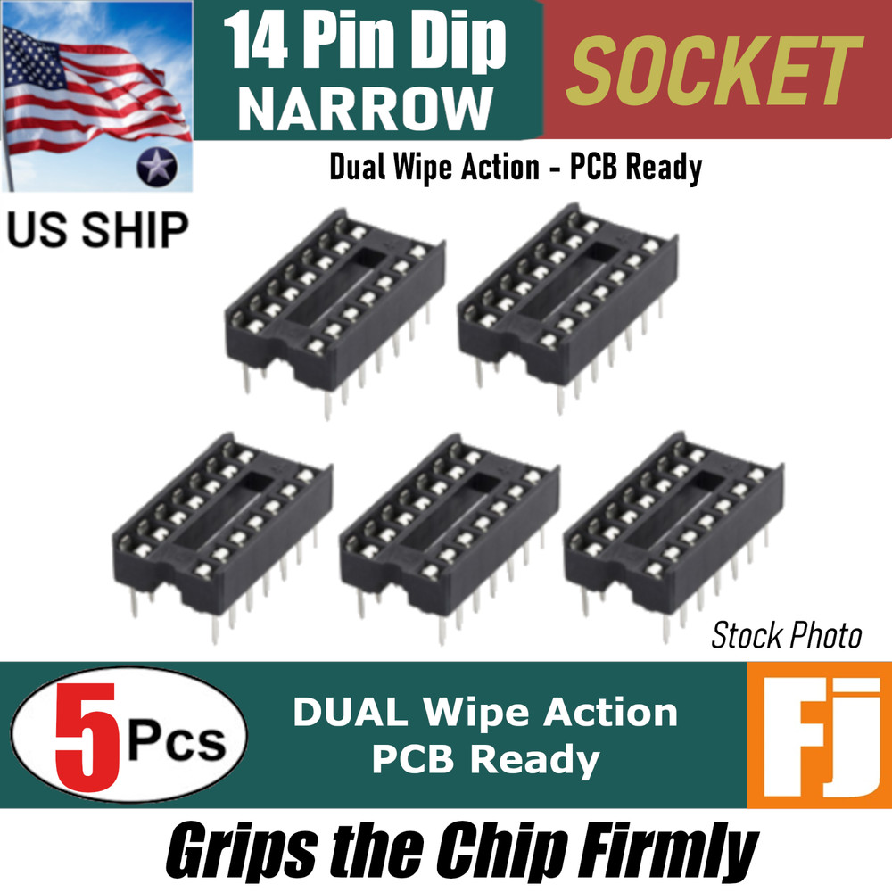 5 Pcs 14 Pin DIP IC Socket Adaptor Solder Type PCB-Mount | Dual Wipe | US Ship