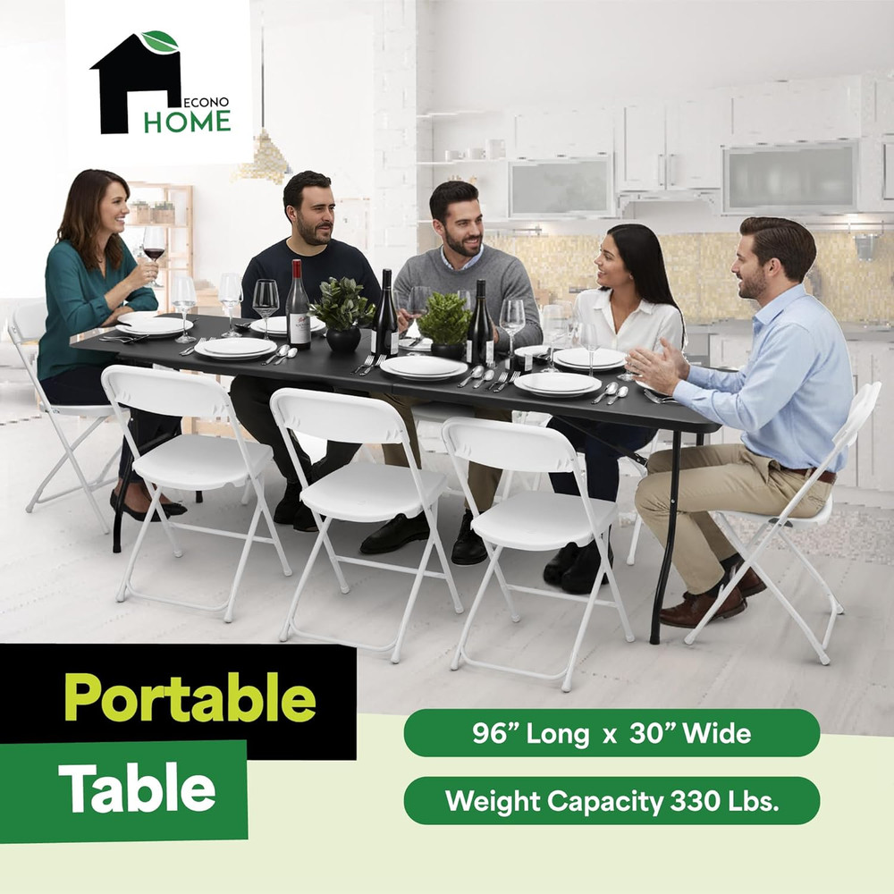 Black 8Ft Folding Table with Handle | Heavy-Duty Foldable Table | Portable Table