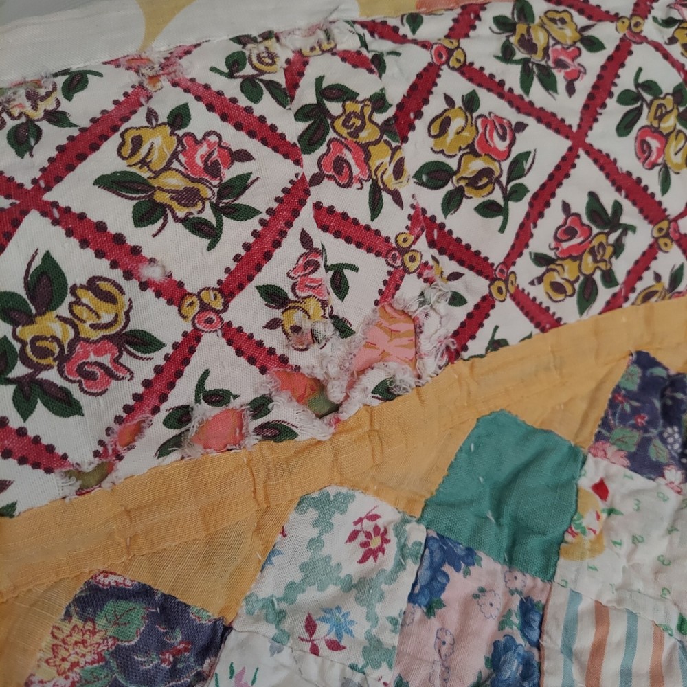Patchwork Quilt FULL Reversible Asian Handstitched Squares Handmade Vintage MCM