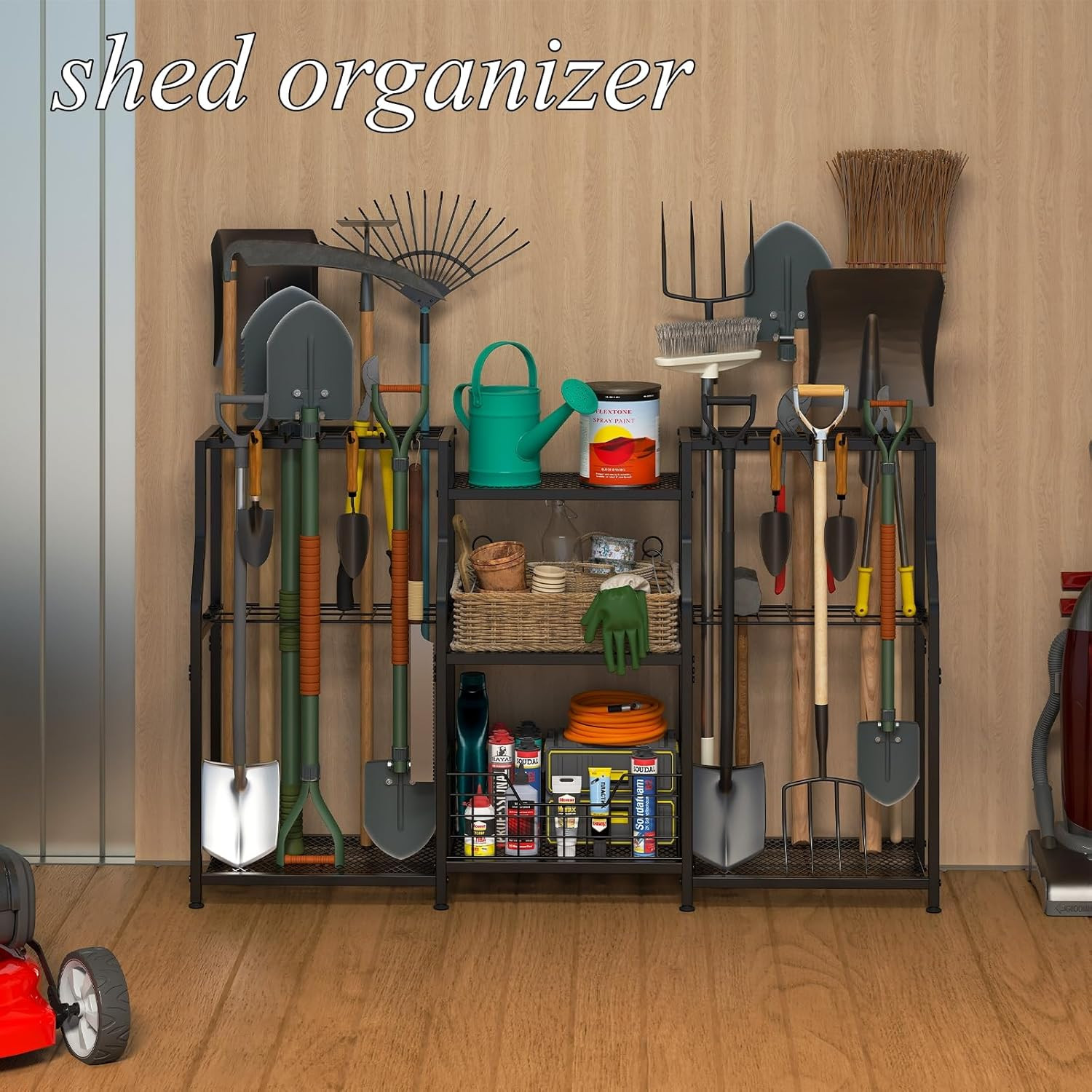 Heavy Duty Garden Tool Organizer Rack - 3 Tier Storage with Hooks