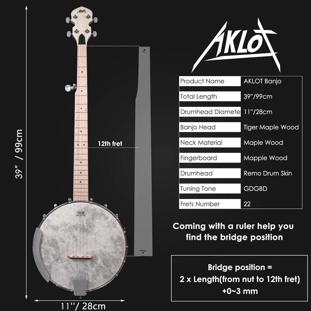 Professional 5 String Banjo All Maple Wood Remo Head Tunable
