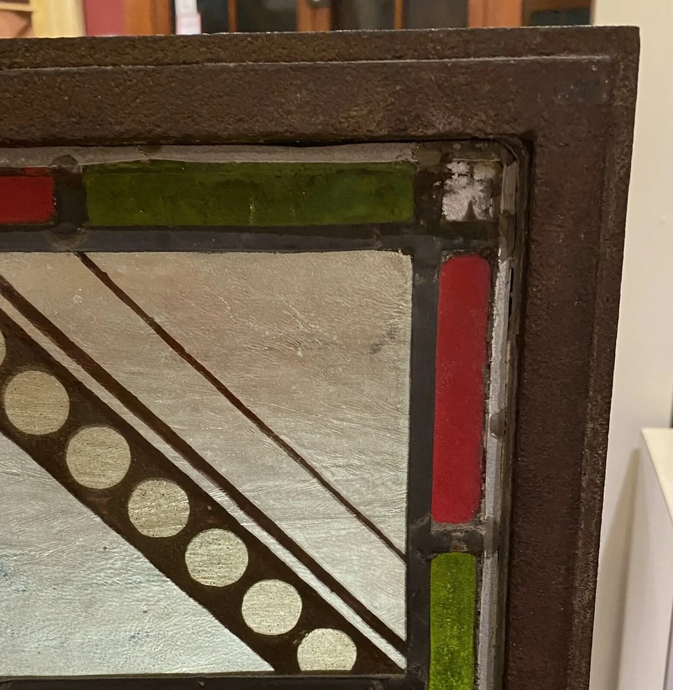 Arts & Crafts Leaded Stained Glass Window Panel with Iron Frame