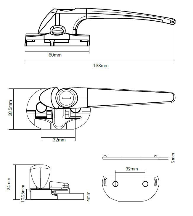 Awning & Casement Window Handle latch/ lever lock, Right and left