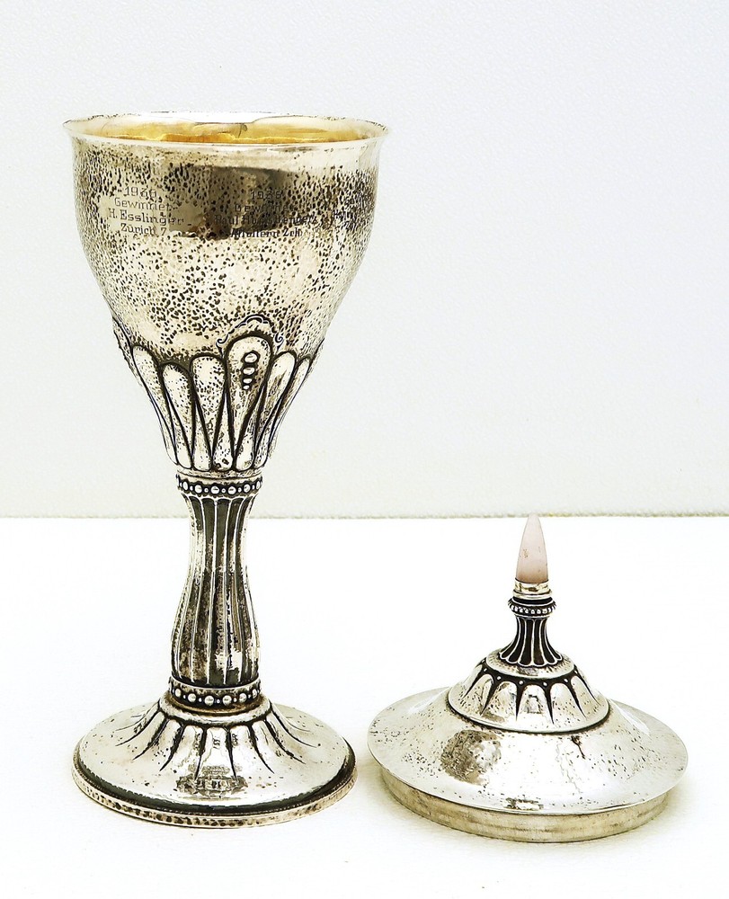Solid Swedish Lidded Chalice Trophy Cup with Rose Quartz Finial Dated 1935 - 38