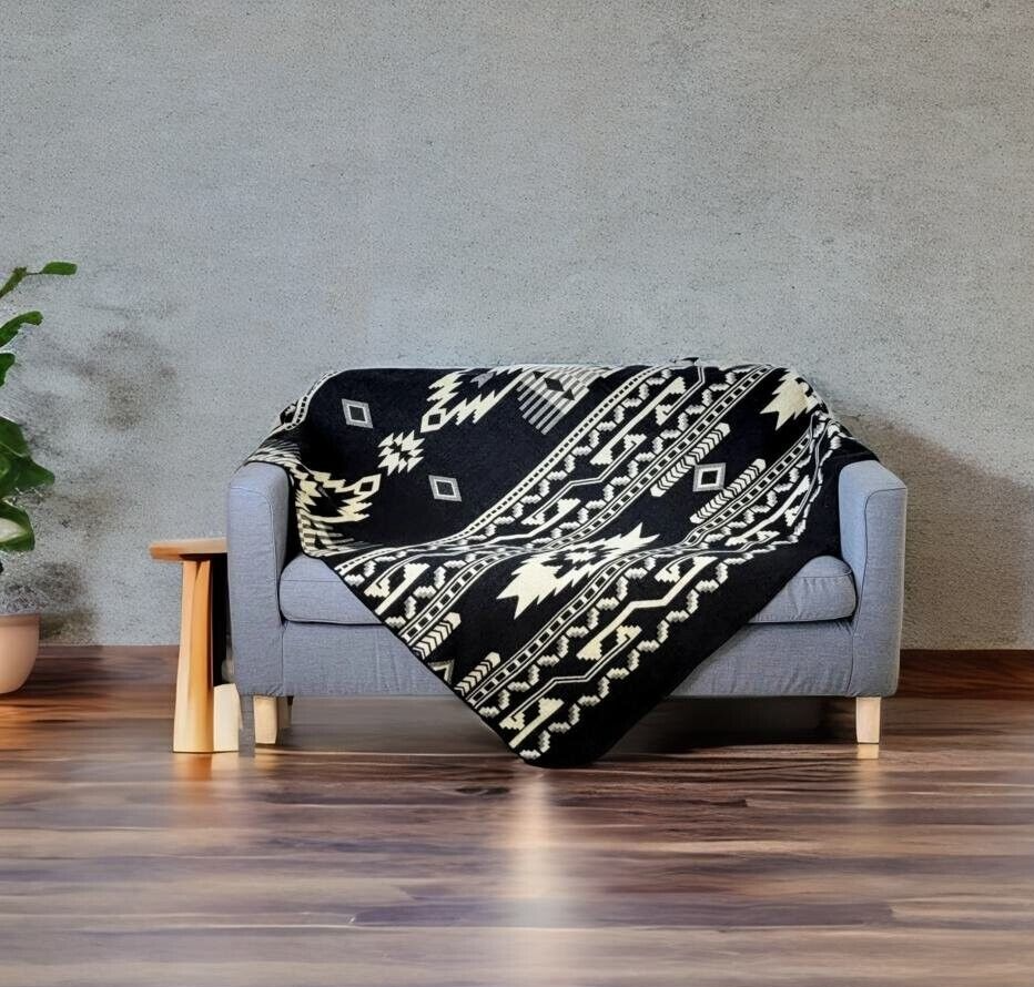 Black Reversible ALPACA Wool THROW BLANKET Andean Southwestern Design 80" X 48"