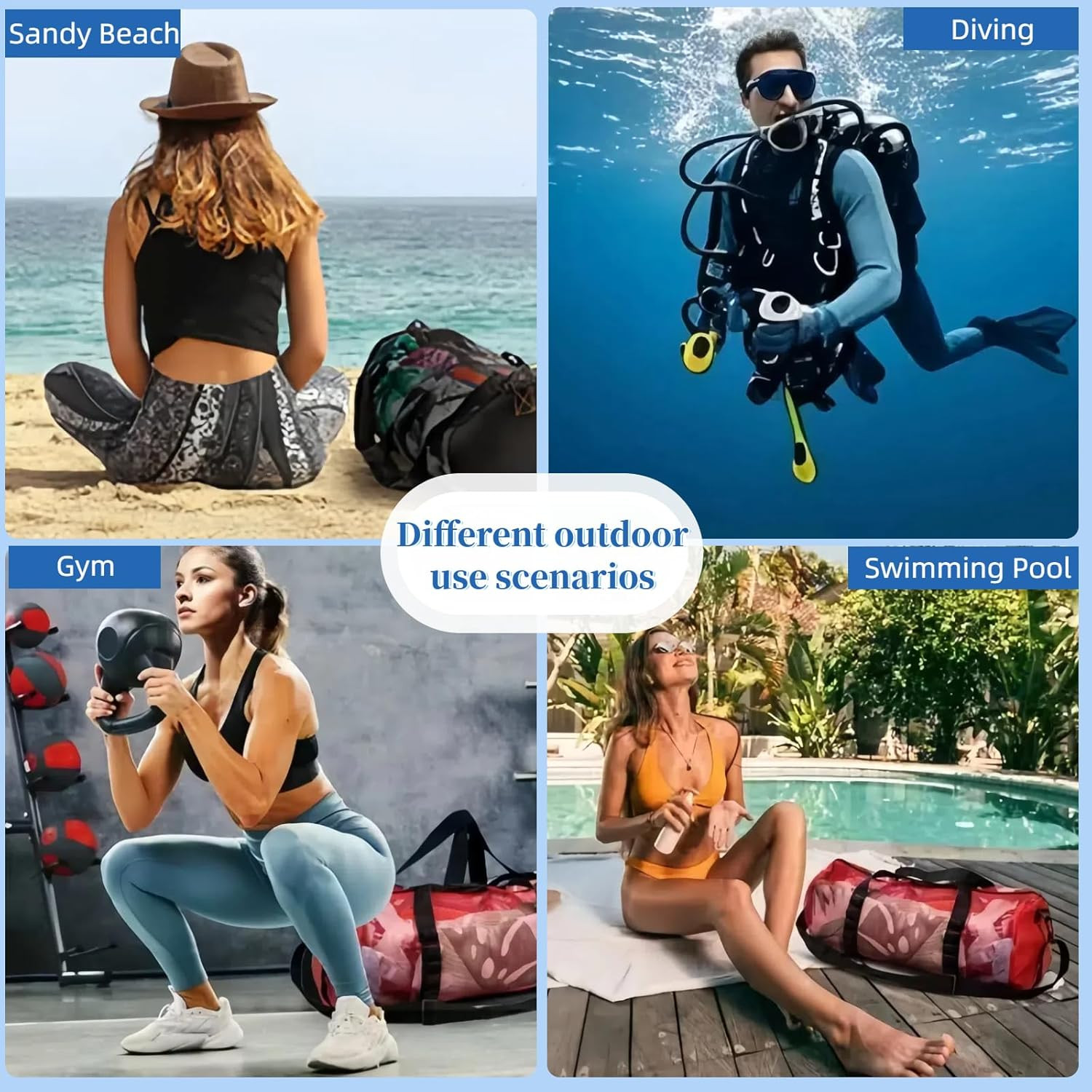 Diving Scuba Surfing Snorkeling Dive Mesh Beach Bag Duffle Bags with Zipper and