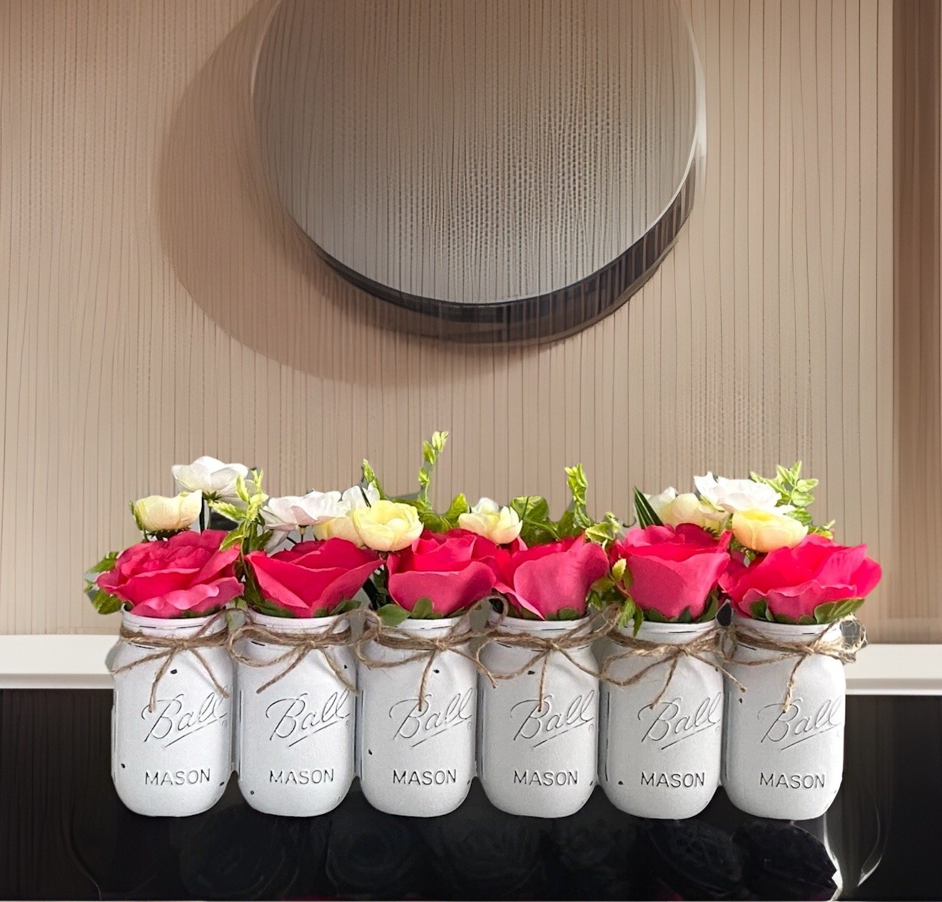 Set of 6 chalk painted distressed mason jar vases w/faux flowers included