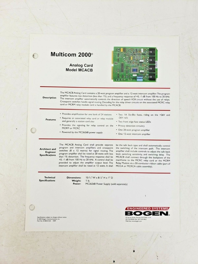 Bogen Multicom 2000 Analog Card MCACB Intercom System Used AS IS #1