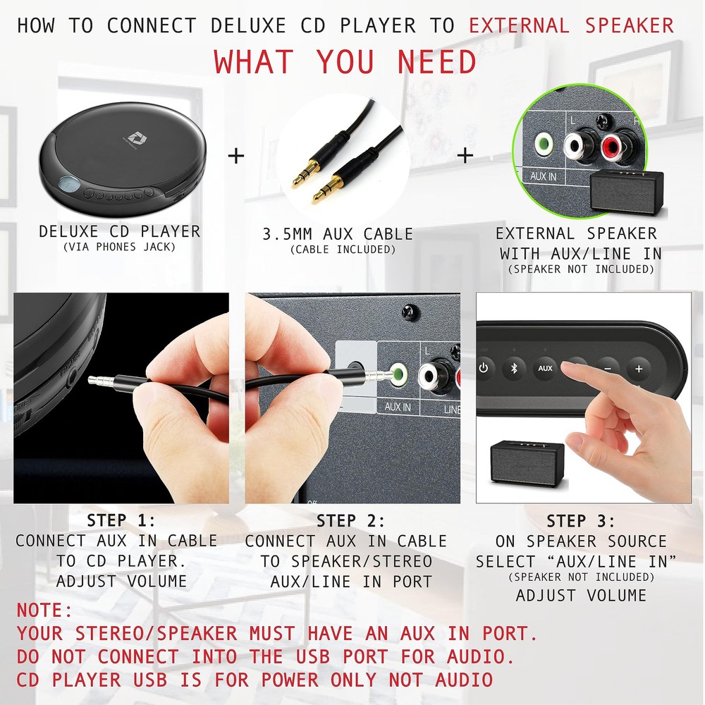 CD Player Portable with 60 Second Anti Skip Stereo Earbuds Includes Aux in Cable