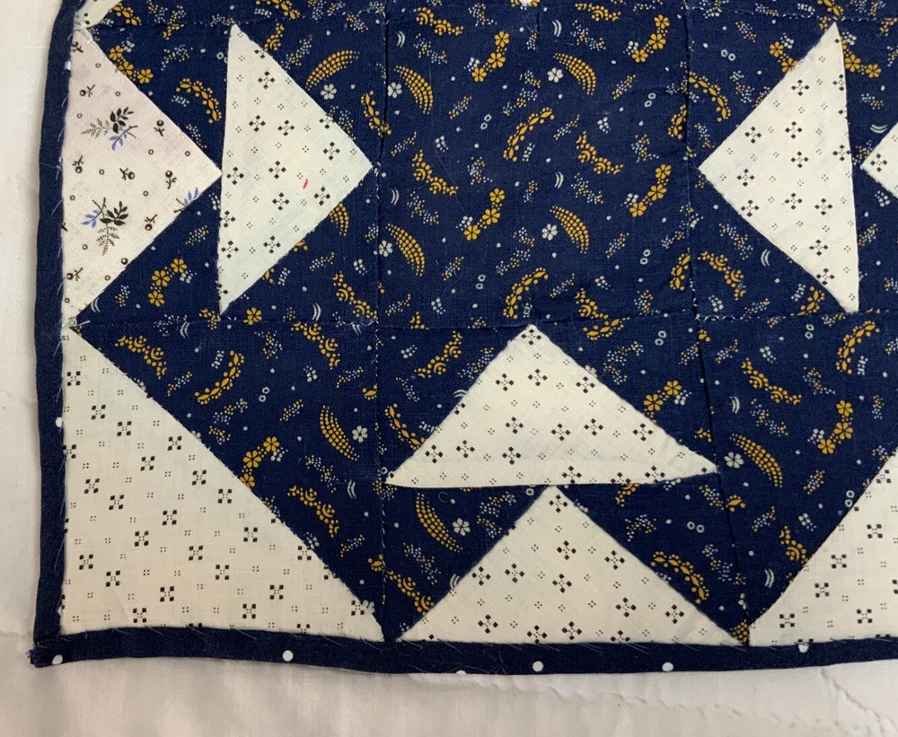 Antique Patchwork Quilt Table Topper, Early Calicos, Stripes, T’s, Navy, White