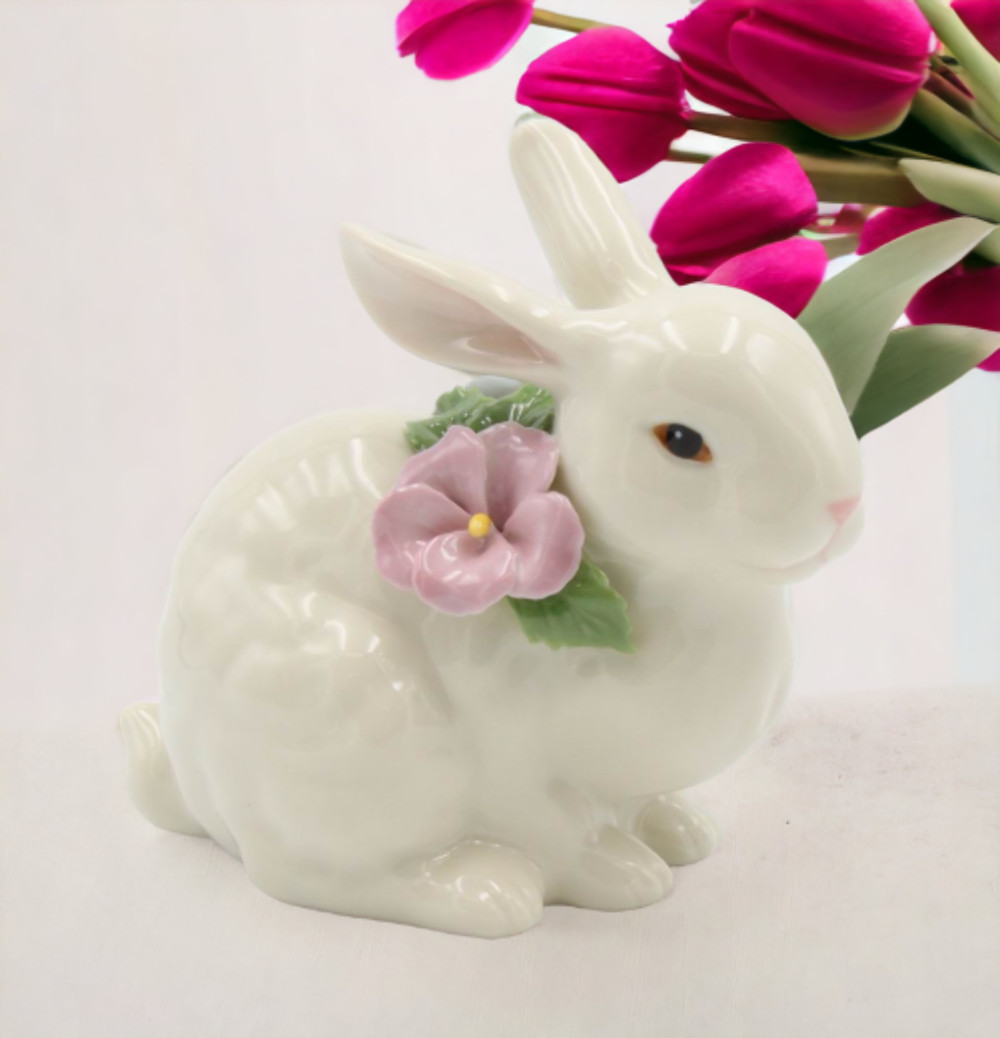 Ceramic Bunny Rabbit with Pink Pansy Flower Figurine, Home Décor, Gift for Her,